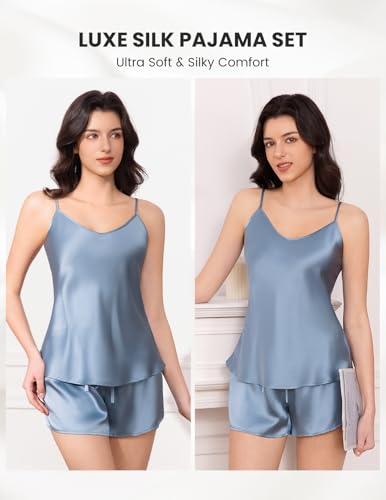Image of THXSILK Silk Women's Pajama 2 Piece Set 6A+ Grade 100% Mulberry Silk Nightgown Soft Luxury V Neck Cami Shorts Sets Sleepwear