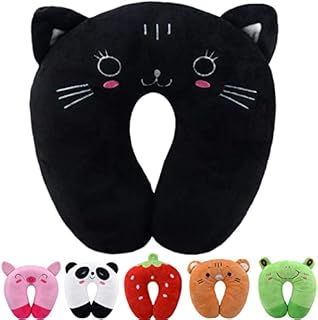 Fiacvrs Kids Travel Pillow Cute Animal Neck Pillow Support U Shaped Pillow, Comfortable in Any Sitting Position in Airplane,Car,Train for Kids (Black Cat)