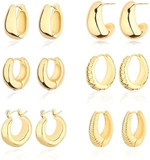 Wgoud Chunky Hoop Earrings Set 14K Gold Hoop Earrings for Women Hypoallergenic, Thick Hoops Earring set, Twist Huggie Hoop Earring, Zinc, No Gemstone