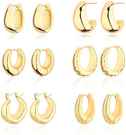 Wgoud Chunky Huggie Earring 14K Gold Hoop Earrings for Men Women Hypoallergenic, Thick Twist Earring (6 Prs Chunky Gold)