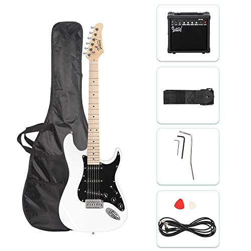 Bonnlo Full Size Electric Guitar Kit for Music Lover Beginner with 20W Guitar Amplifier, Guitar Bag, Cable, Strap, Pick, Tremolo Bar, Tool (White)