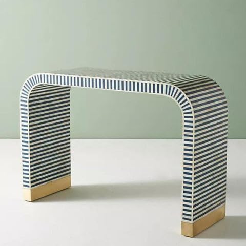 Bone Inlay Waterfall Console Table Stripe Design Coffee Centre Table (Blue & White 36W x 30H x 14D inches) | UK Craft House |