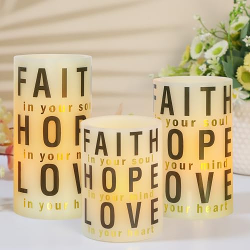 Image of Christmas Decor Flameless Candles with Remote Control - Real Wax Flickering LED Candles - Home Room Holiday Xmas Decorations, 3 Pieces, Faith, Hope, Love