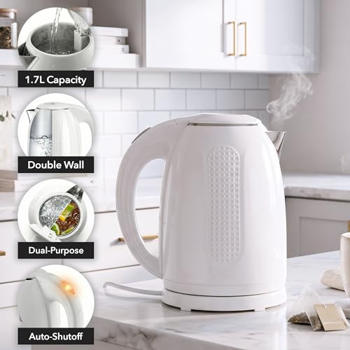 Image of OVENTE 1.7L Double Wall Electric Tea Kettle, 1100W Power, White KD64W | Water Boiler with Cool-Touch Exterior, Stainless Steel Interior, Auto Shut-Off, Boil-Dry Protection & Locking Lid, Easy Clean