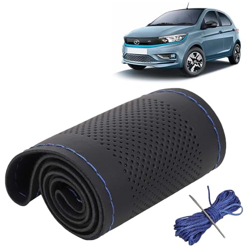 Image of KINGSWAY PU Leatherite Car Steering Cover Sewable Compatible with Tata Tigor (Year 2017 Onwards), Black Color with Blue Thread, Pack of 1 with Sewing Needle and Thread