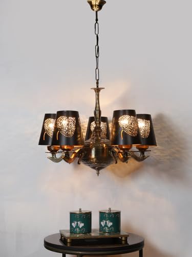 Image of Devansh 05 Lights Metal Leaf Etched Shade with Antique Golden Chandelier -X