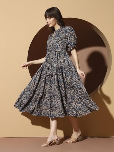 Image of KZULLY | Dress for Women | Midi Dress | Floral Printed | Polyester Fabric | Bell Sleeve Ethnic A-Line | Tiered Fit & Flare | Casual & Festive