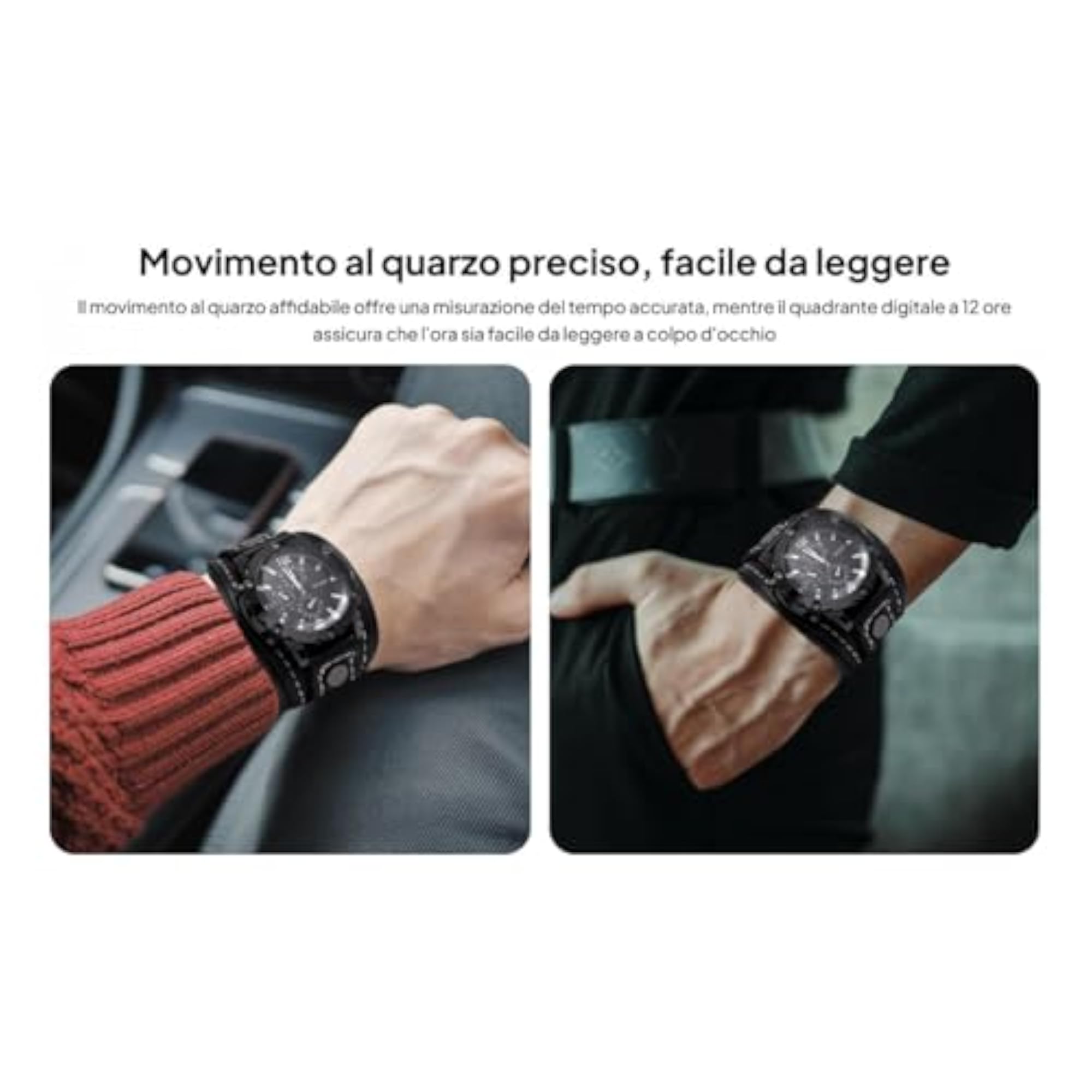 Men's Wide Leather Strap Wrist Watch, Black