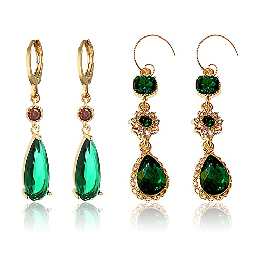 2Pairs Boucles d'Oreilles Femme Pendantes, Vert Bijoux pour Femme Lot Boucles d'Oreilles Boucles d'Oreilles Creoles, Cristal Charme Boucles d'Oreilles Femme Bijoux de Mariée Femmes Filles Cadeau Cover