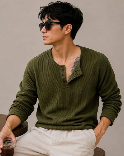 Image of AUSK Men's Textured Henley T-Shirt || Full Sleeve Ribbed Knit Button Neck T Shirt for Men || Regular Fit Casual Wear Tee || Smart Casual Tshirt for Mens