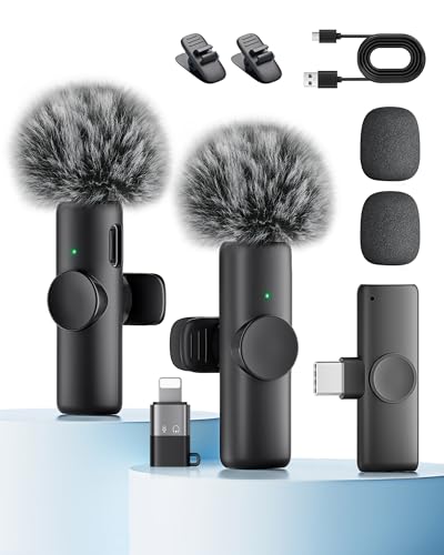 Wireless Microphone for iPhone iPad and Android Phone, 2 Pack Wireless Lavalier Lapel Mic with Noise...