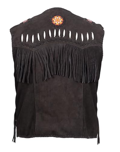 Image of Men's Western Cowhide Suede & Leather Vest - Beaded Fringe Yoke & Back Native-Inspired Cowboy Biker Vest