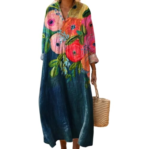 Akivide Women's Oversized Smocked Long Sleeve Boho Dress Spring Summer Casual Floral Print V Neck Maxi Dresses for Women