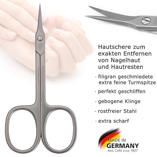 DREI SCHWERTER - Hautschere Turmspitze | Ideal für exakte Entfernung von Hautresten. Rostfreie Markenqualität MADE IN GERMANY | Inhalt: Schwarzes Nageletui aus Kunstleder mit Hautschere - Turmspitze