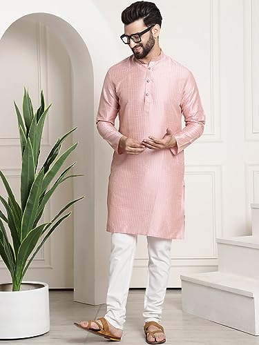 Sojanya (Since 1958 Men'S Silk Blend Pink Pintex Kurta And White Churidar Pyjama Set2