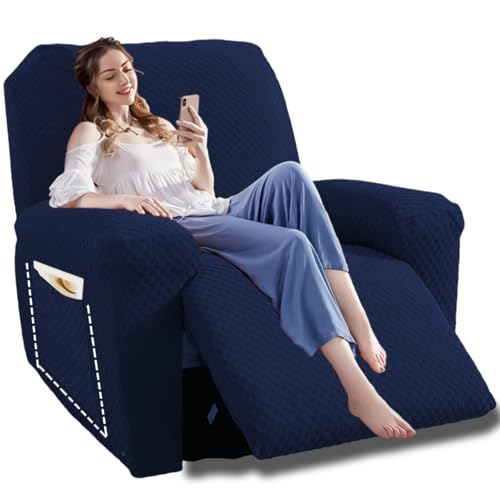 Image of YEMYHOM 4 Pieces Oversized Stretch Recliner Slipcover Jacquard Large Recliner Chair Cover with Side Pocket Anti-Slip Fitted Furniture Protector with Elastic Bottom (X-Large Recliner, Navy)