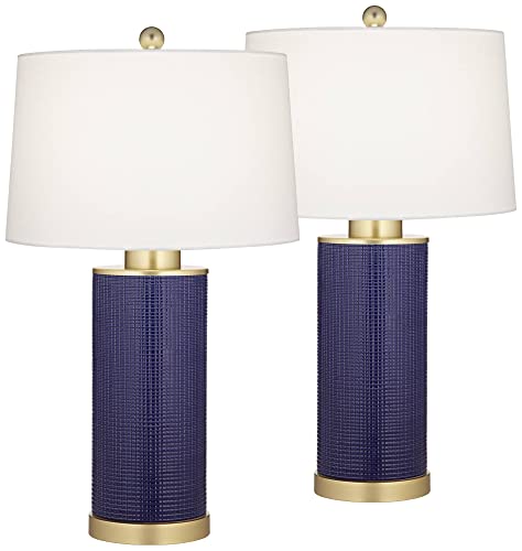 360 Lighting Gilson 24 1/2" High Modern Coastal Glam Table Lamps Set of 2 Gold Textured Blue Finish Ceramic Fabric White Shade Living Room Bedroom Bedside Nightstand House Office Home Reading - Image 2