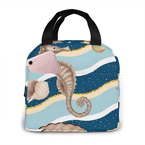 Lsjuee Bubble Hippocampus Starfish Pearl Mejillón Sea Lunch Bag Lunch Box Gran capacidad Impermeable Unisex Bolsa de almacenamiento School Picni