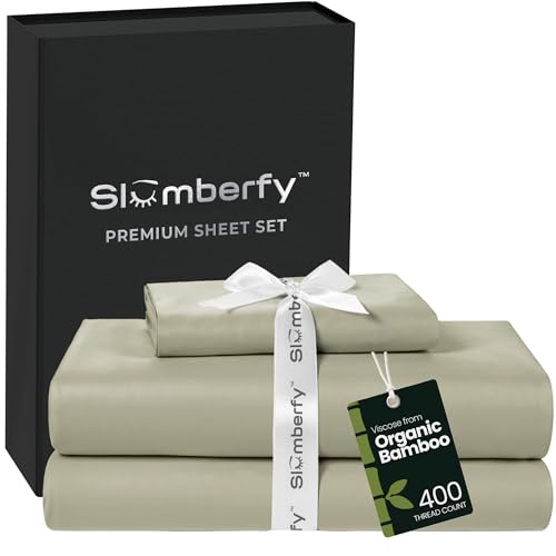 Image of Slumberfy 3-Piece 400 TC Viscose Derived from Bamboo Sheets, Twin Size - 1 Fitted, 1 Flat, 1 Pillow Case- Deep Pocket Cooling Viscose-Bamboo Bed Sheets in Magnetic Closure Gift Box, Light Green