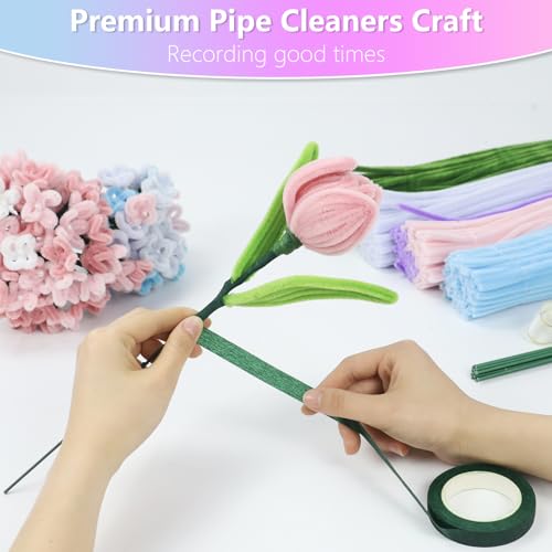 Image of 400 Pcs Pipe Cleaners Craft, 5 Assorted Colors Pipe Cleaners Bulk | Chenille Stems for DIY Flower Making Kit with Floral Wires, Gardening Tape,Stamen& Ribbon (Colorful)