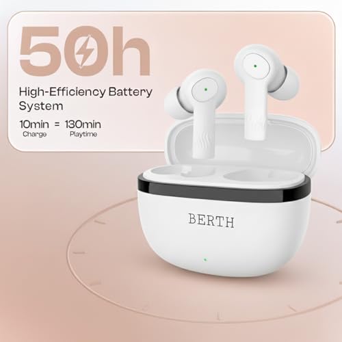 Image of BERTH X35 Wireless Earbuds, 50H Playtime, Quad Mic ENC, 13mm Drivers, Fast Charging, Dual Pairing, BT 5.4, IPX4, Crystal Clear Calls, Deep Bass, in-Ear Earphones with Mic (White)