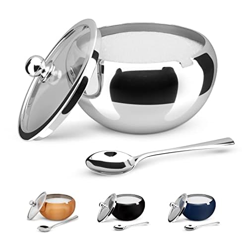 KooK Sugar Bowl, Sugar Bowl with Lid and Spoon, Sugar Container with Lid, for Salt, Coffee, Holds 2 Cups, Dishwasher Safe, Stainless Steel, 16 Oz