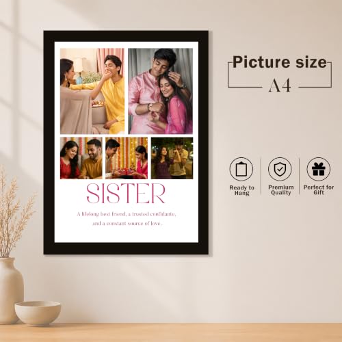Image of Art Street Personalized Gift for Sister, Dad Photo Frame | 6 Image Collage with Custom Text, Customized Photo Frame for Brother, Wall Decor for Bedroom Living Room, A4 Size 8x12 Inch