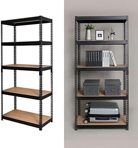KIDLOOP Wooden Adjustable 5-Shelf Steel Storage Rack Utility Rack Garage Shelves Display Rack Boltless Rivet Rack 5 Shelf Multipurpose Black Rack (Black, 60" x 24" x 12")