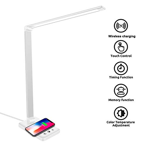 Wilktop LED Schreibtischlampe, Dimmbar Tischlampe 6W Wireless Laden und USB-Ladeanschluss Augenschutz Leselampe, 10 Helligkeitsstufen, 5 Farb Touchfeldbedienung Tischleuchte für Lesen, Büro (Weiß)