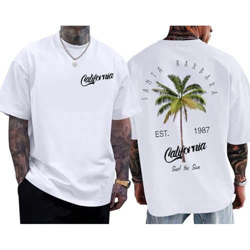 Wedsadl Beach Surf T Shirts for Men Graphic Tees Oversized Tshirts California T Shirt Palm Tree Printed Summer Cotton Tops(White XL)