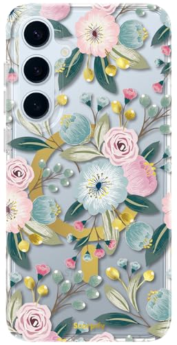 Jolie coque fleurie Samsung S25 Plus MagSafe, le cadeau idéal avec finitions dorées