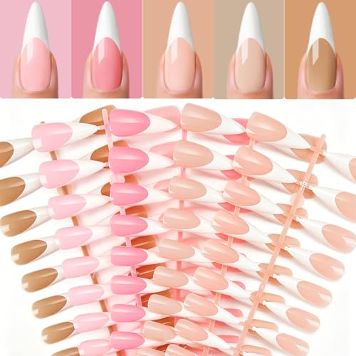 120 Pcs White French Tip Press on Nails Kit - 5 Color Base Long Stiletto False Nails in 12 Sizes Reusable Full Cover Glossy Manicure Set for Women