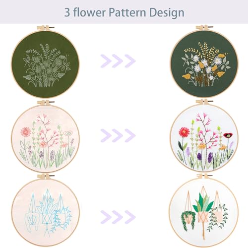 Image of Offizon 3 PCS Embroidery Kit for Beginners Stamped FlowerD Pattern | Cross Stitch DIY Craft Set, Hoop Included, Flower Embroidery Accessories, Stitching Sewing Kit Gift for Adults