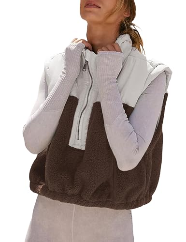 Tanming Womens Fuzzy Sherpa Fleece Vest Lightweight Cozy Sleeveless Gilet Half Zip Pullover Waistcoat with Pocket