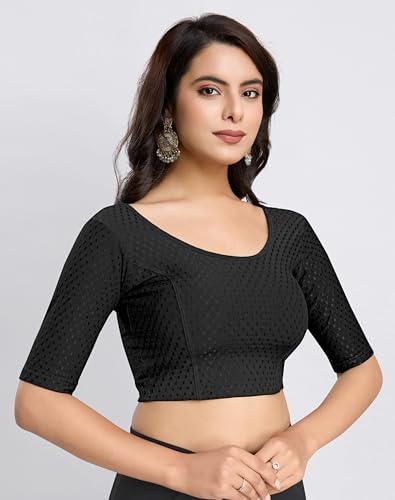 Image of TRENDMALLS Women's Dobby Pure Cotton Elastin Stretchable Readymade Round Neck Elbow Length Sleeves Blouse Choli Stylish Saree Blouse Ready to Wear