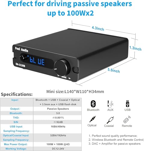 Fosi Audio DA2120B Bluetooth 5.0 Stereo Audio 2.0 Channel Receiver Amplifier Mini Hi-Fi Digital Power Amplifier DAC AUX USB U-Disk Optical Coaxial to Audio Converter with Remote Control 100Watt x2