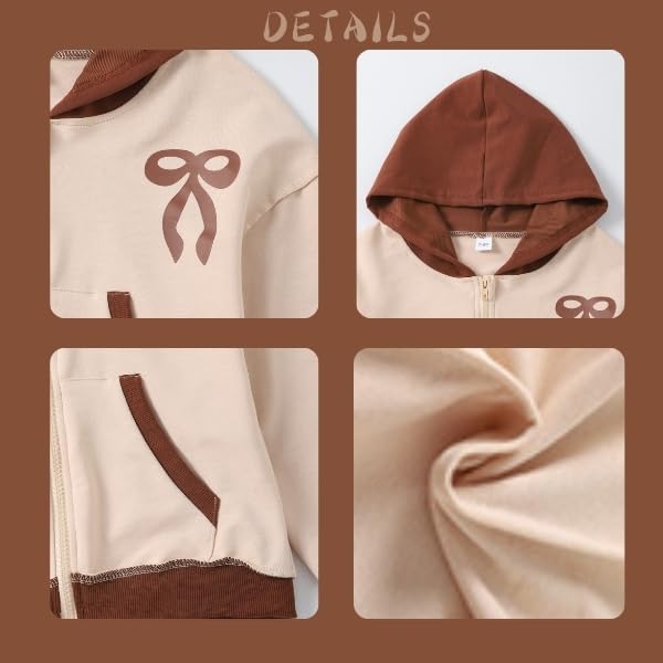Image of Yoxindax Girls' 2-Piece Clothes Bow Print Zip-Up Hoodie Contrast-Color Wide-Leg Pants Winter 7-14Y Outfits Set