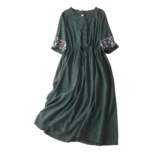 Damenkleider, Baumwoll-Leinenkleid, Sommer, bestickte Ärmel, A-Linie, bequem, Maxikleid, trendig, Urlaubskleidung, weiße Kleider für Frauen, grün,...
