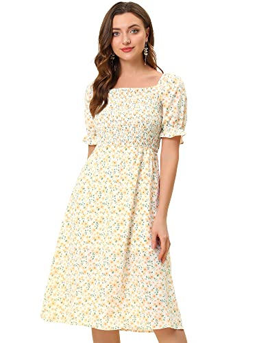 Image of Allegra K Women's Cottagecore Floral Dress Puff Sleeves Smocked Midi Dresses