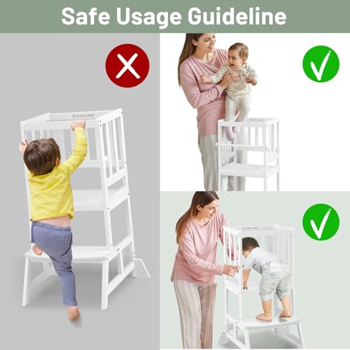 Image of COSYLAND Kids Kitchen Step Stool, Height Adjustable Toddler Standing Tower Nursery Helper with CPC & FSC Certification, Removable Safety Railing Enjoys Exclusive Paten,White