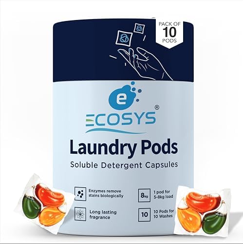 Ecosys 3-in-1 Dissolvable Magic Laundry Pods for 10 washes: Bio Enzymes Infused, Tough Stain Fighter for Top & Front Load with Floral Aroma,1 Pod = 1 Wash for 5-7kg