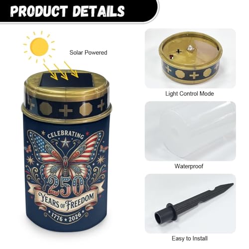 Image of 250 Years Solar Cemetery Light - American Flag Butterfly Pattern, Flameless Memorial Candle, Patriotic Grave Decor for Independence Day & Memorial Day