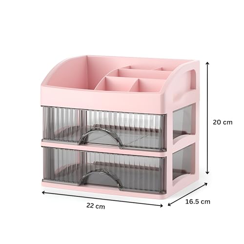 Image of HoopVool Desk Makeup Organizer, Plastic Storage Box with Sliding Drawer, Stylish Display Case for Cosmetics, Lotion, Nail Polish, Brushes, and Jewelry, Pink, 2-Layer