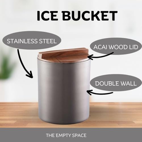 Image of The Empty Space Double Wall Insulated Stainless Steel Ice Bucket in Nickle Finish with Acai Wood Lid.[2.8L] Cocktail Bar, Wine Bottle, Home Accessories, Parties & Champagne Bucket