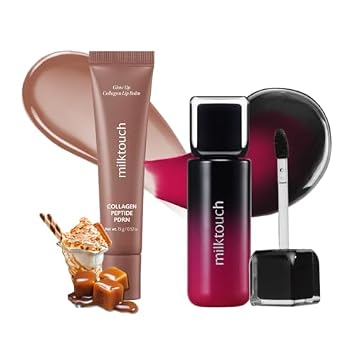 MILKTOUCH [Summer-proof Lip Combo] Black Peel Off Lip Tattoo #01 Black Cherry + Collagen Lip Balm #CaramelFondue