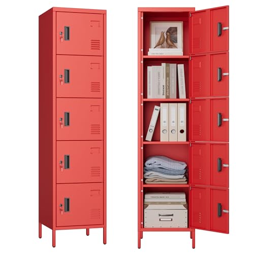 Image of Aobabo 16 inch W 5 Door Metal Storage Locker with Lock, 66 inch H Steel Locker with Name Card Holder and Metal Leg for School, Home, Office, Playroom, Assembly Required, Red