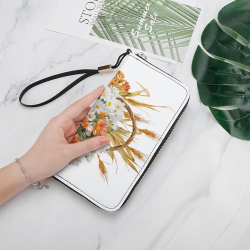 Basket of Flowers Daisies Autumn Pumpkins PU Leather Clutch Long Bifold Wallet, Coin Purse Credit Pass Case, Durable Card-Holder Money Storage for Women Men4