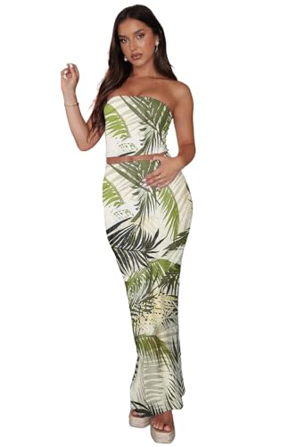 Image of Two Piece Dress Outfits for Women Sleeveless Tube Tops Bodycon Maxi Dress Summer Strapless Crop Top Sexy Suits Set