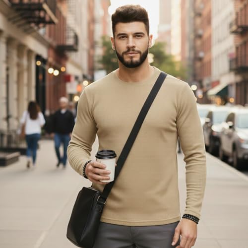 Image of Men's Cotton Round Neck Full Sleeve Pure Cotton Round Neck Regular Fit Solid Full Sleeve T-Shirt for Men & Boys Waffle Fabric t-Shirt Beige