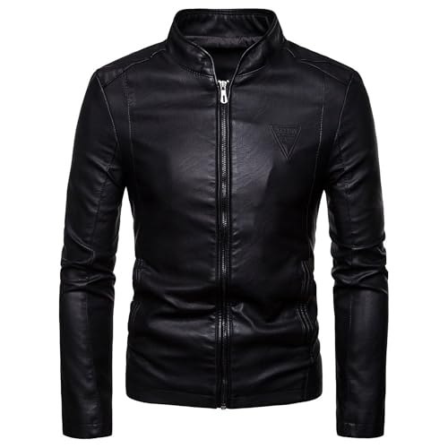 Legou Chaqueta de piel sintética para hombre, cuello alto, ajustada, para motocicleta, Negro, 3XL
